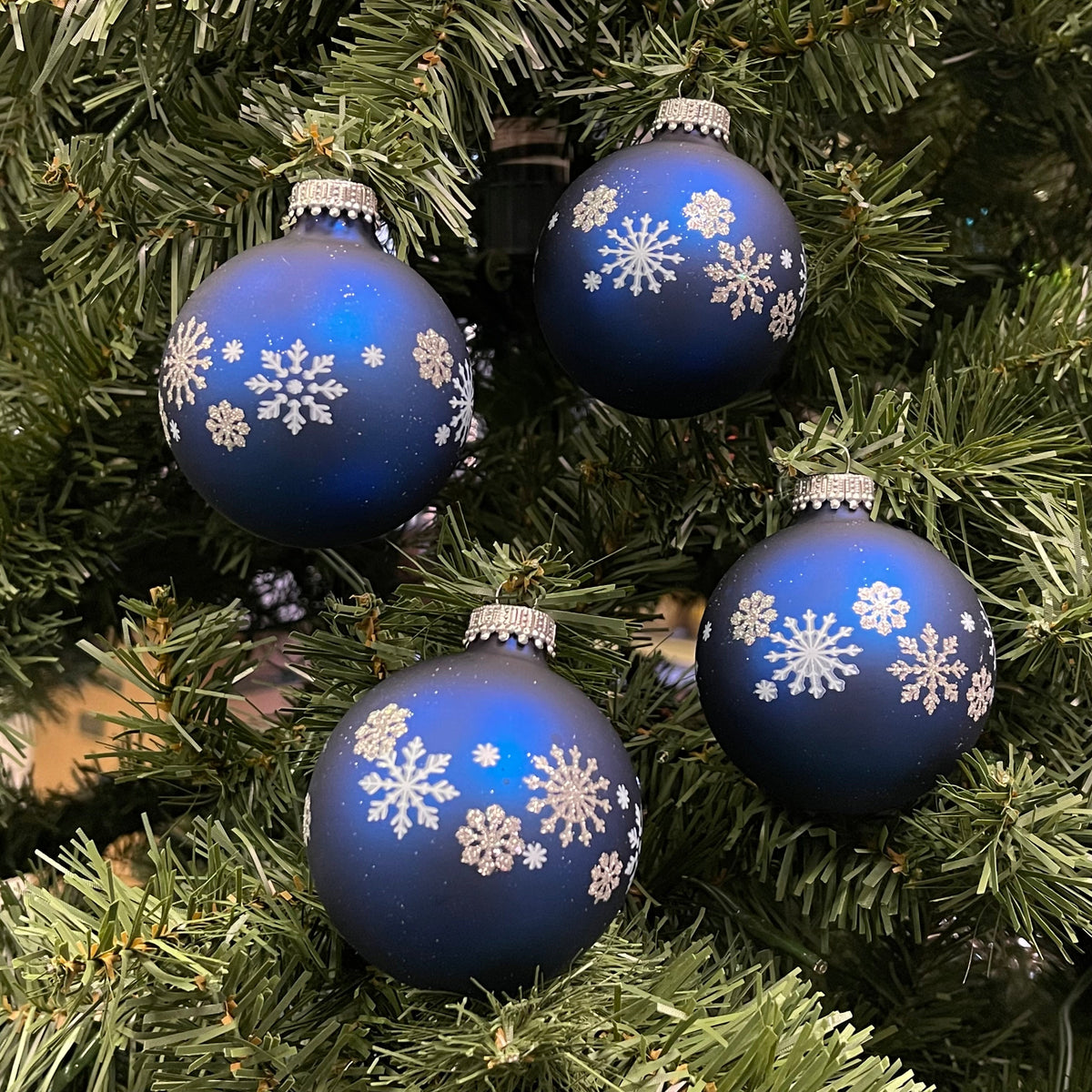 Glass Christmas Tree Ornaments - 67mm/2.625" [4 Pieces] Decorated Balls from Christmas by Krebs Seamless Hanging Holiday Decor (Indigo Blue with Yule Design)
