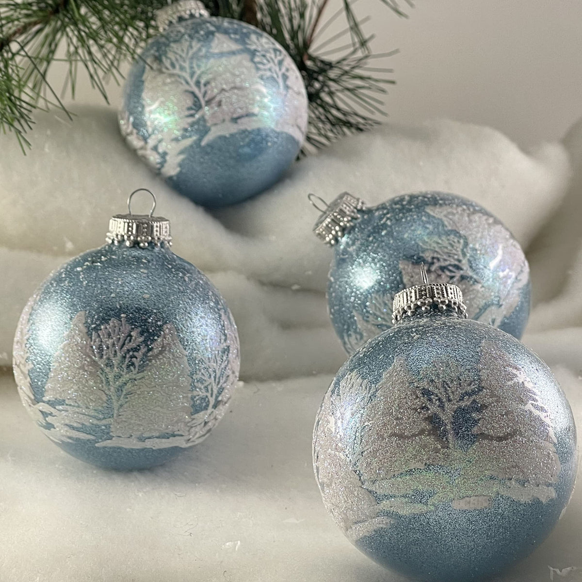 Glass Christmas Tree Ornaments - 67mm/2.63" [4 Pieces] Decorated Balls from Christmas by Krebs Seamless Hanging Holiday Decor (Light Blue Sparkle with Trees)