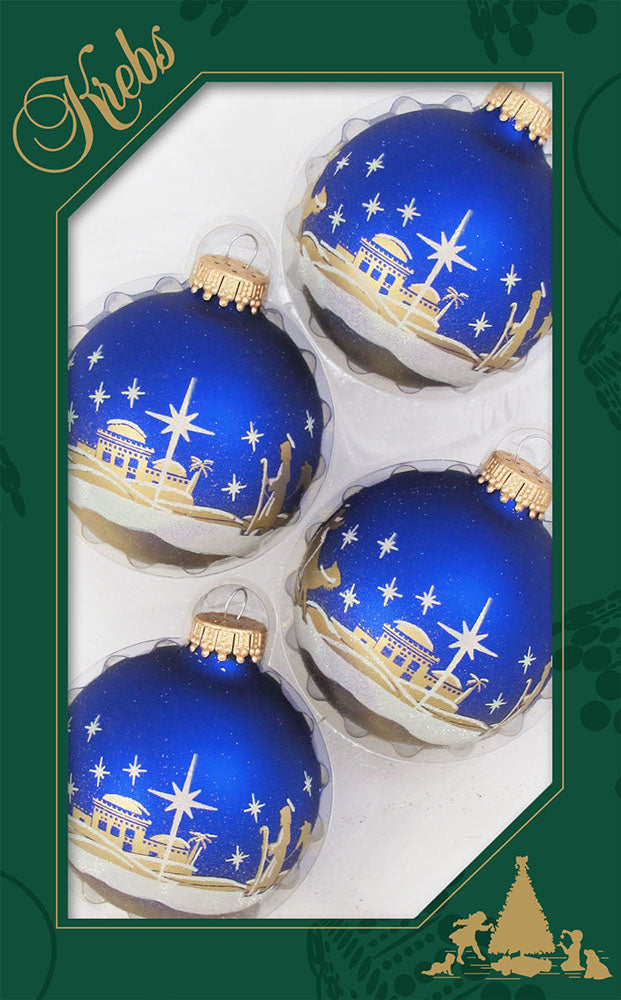 Glass Christmas Tree Ornaments - 67mm/2.63" [4 Pieces] Decorated Balls from Christmas by Krebs Seamless Hanging Holiday Decor (Blue Velvet with Bethlehem Scene)