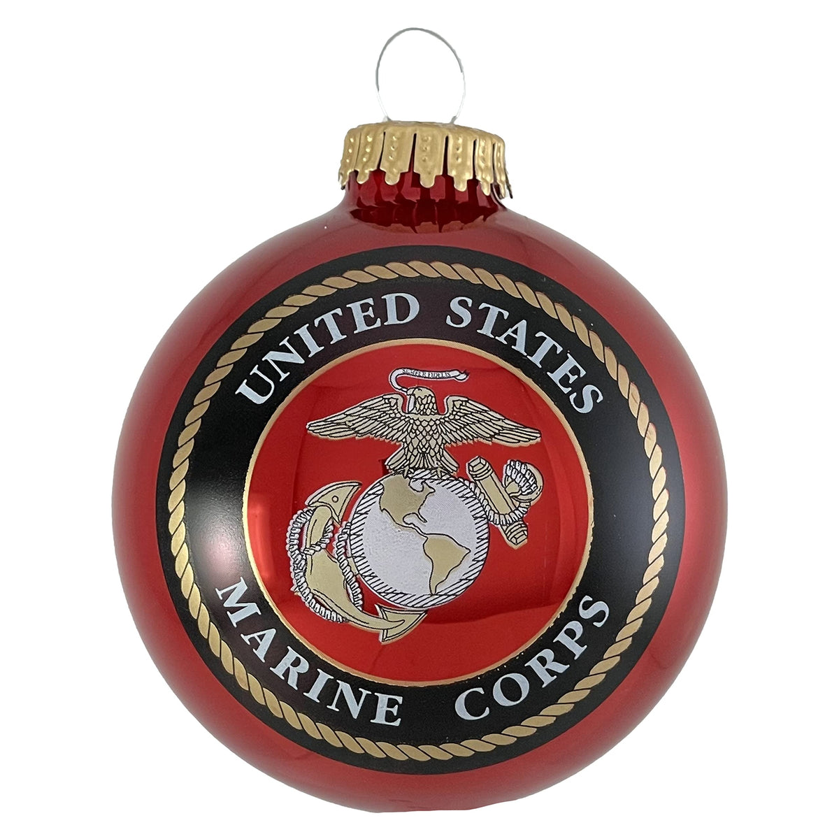 Christmas Tree Ornaments Made in the USA - 80mm / 3.25" Decorated Collectible Glass Balls from Christmas by Krebs - Handmade Hanging Holiday Decoration for Trees (USMC Logo & Hymn)