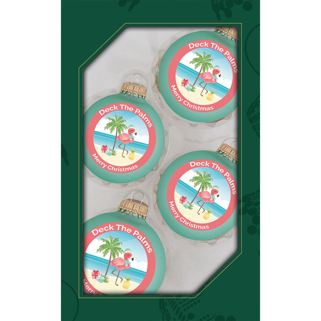 Glass Christmas Tree Ornaments - 67mm/2.63" [4 Pieces] Decorated Balls from Christmas by Krebs Seamless Hanging Holiday Decor (Mermaid Velvet with Holiday Flamingo)