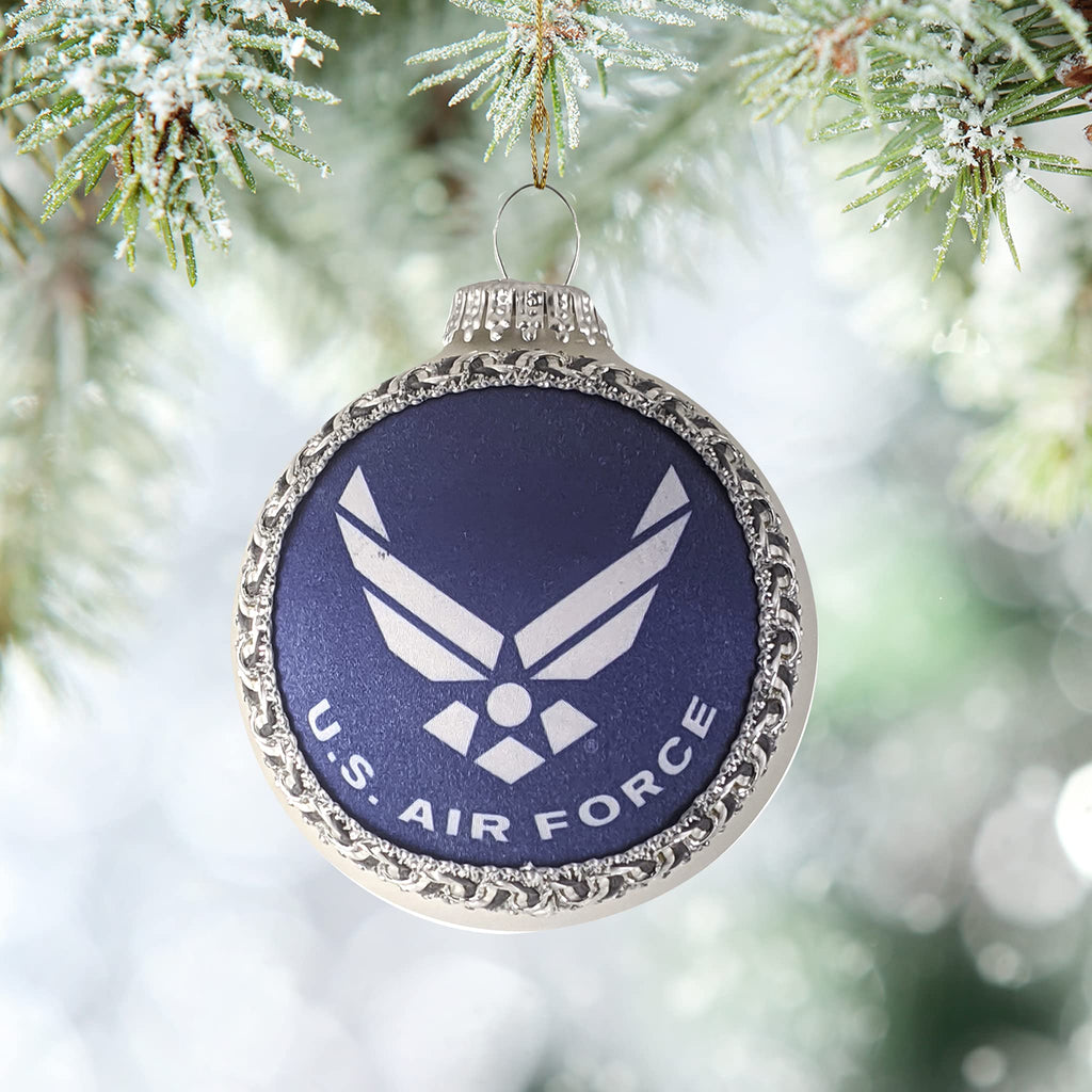 Christmas Tree Ornaments Made in the USA - 80mm / 3.25" Decorated Collectible Glass Balls from Christmas by Krebs - Handmade Hanging Holiday Decoration for Trees (USAF Logo and Hymn, Silk)