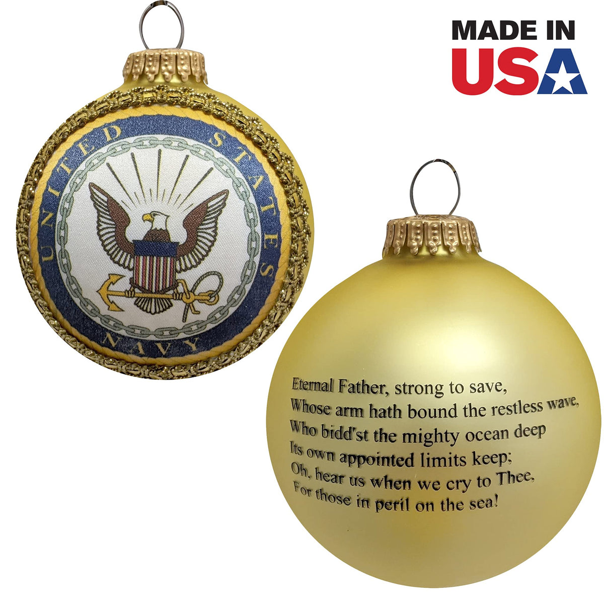 Christmas Tree Ornaments Made in the USA - 80mm / 3.25" Decorated Collectible Glass Balls from Christmas by Krebs - Handmade Hanging Holiday Decoration for Trees (USN Logo and Hymn, Silk)