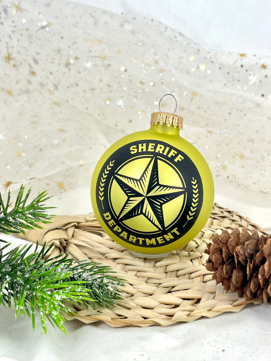 Christmas Tree Ornaments - 80mm / 3.25" Decorated Collectible Glass Balls from Christmas by Krebs - Handmade Hanging Holiday Decorations for Trees (Sherriff Logo on Gold Velvet)