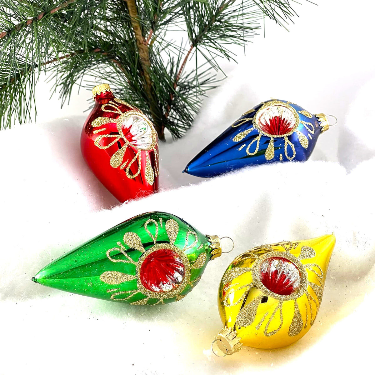Glass Christmas Tree Ornaments - 67mm/2.63" [4 Pieces] Decorated Balls from Christmas by Krebs Seamless Hanging Holiday Decor (Traditional Colors 4" Drop Reflectors)