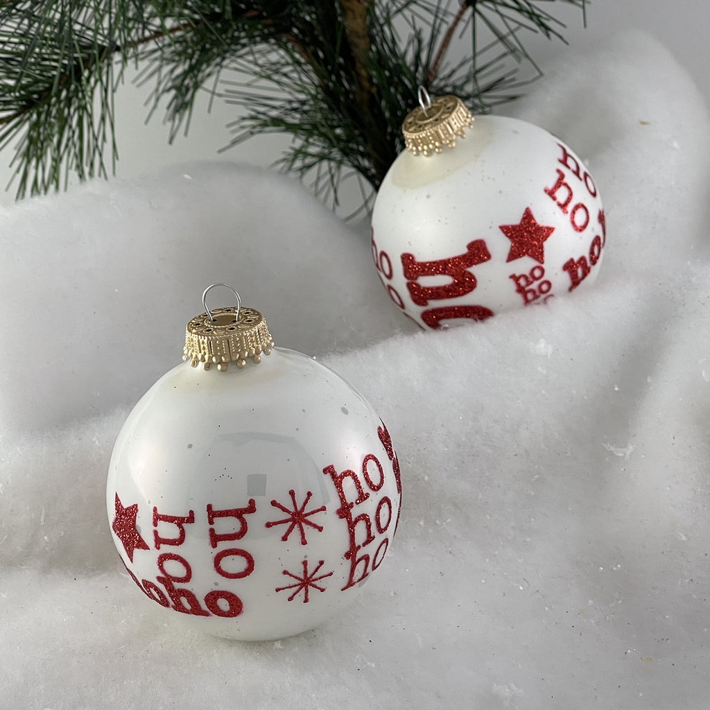 Glass Christmas Tree Ornaments - 67mm/2.63" [4 Pieces] Decorated Balls from Christmas by Krebs Seamless Hanging Holiday Decor (Porcelain White with Ho Ho Ho)